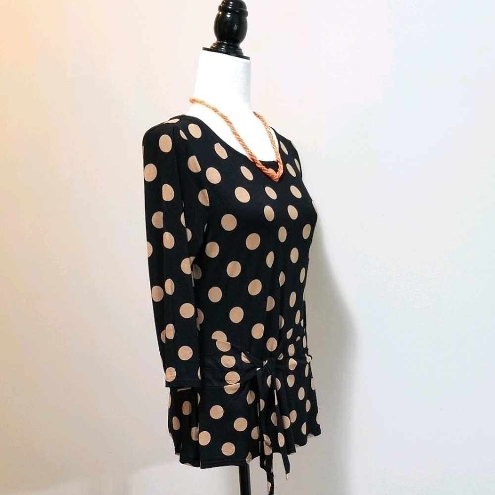 Phase Eight Women's Polka Dot 3/4 Sleeve Top Size 12 Tie At Waist Black/Tan - Picture 2 of 7